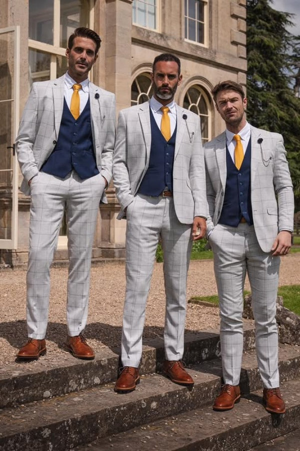 Stylish Gray Plaid Wedding Groomsmen Suits With Dark Blue Waistcoat