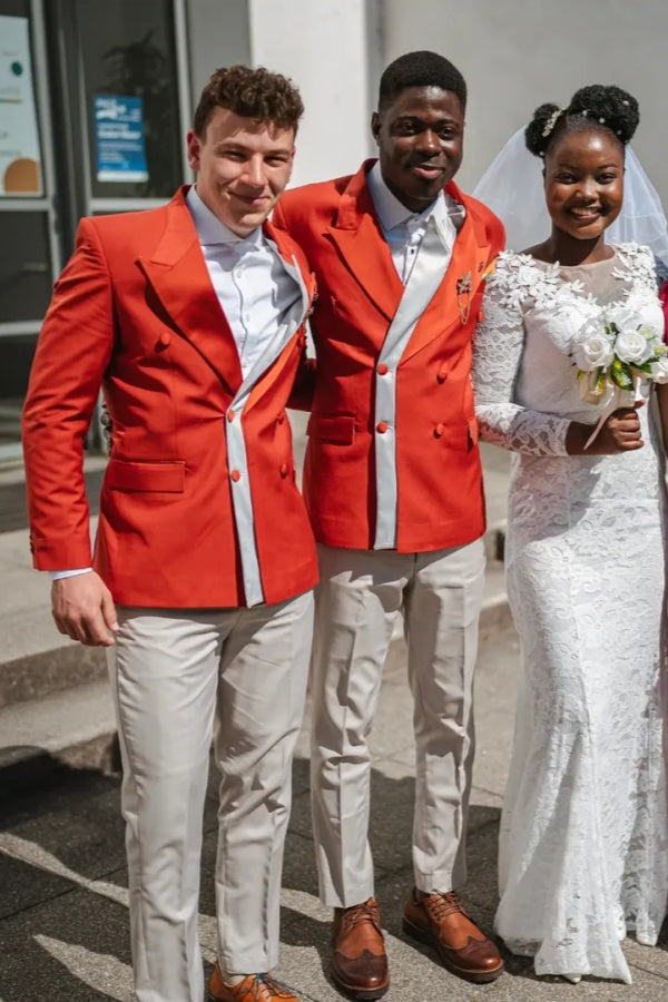 Stylish Red Peaked Lapel Double Breasted Wedding Groomsmen Suits