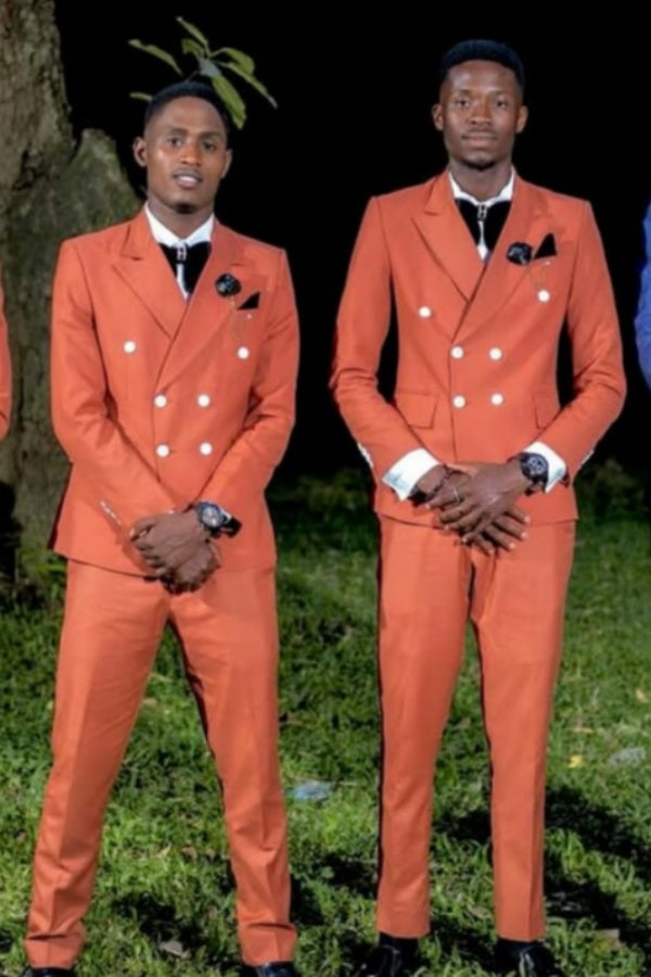 Gentle Orange Double Breasted Peaked Lapel Wedding Groomsmen Suits