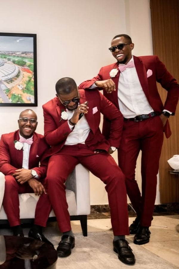 Handsome Red Newest Notched Lapel Wedding Groomsmen Suits