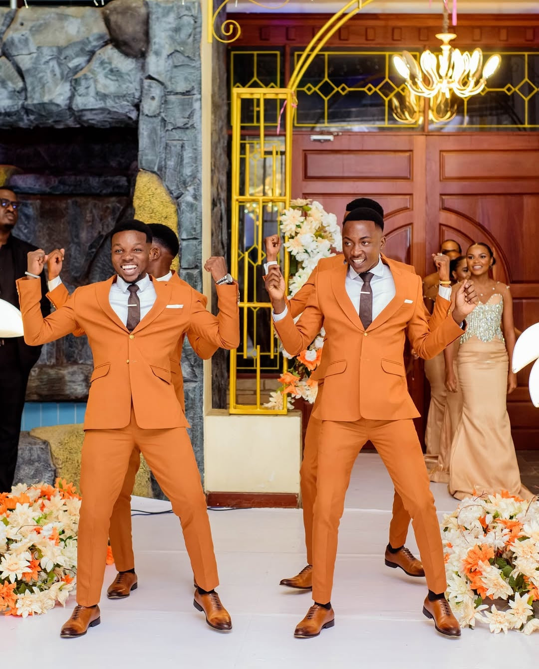 Orange Newest Bespoke Notched Lapel Wedding Groomsmen Suits