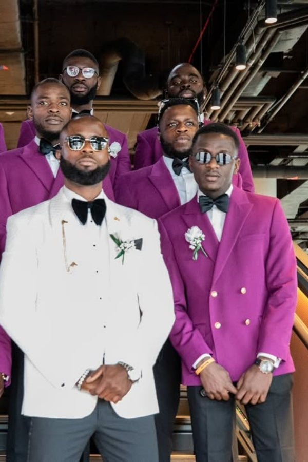 Glamorous Purple peaked Lapel Double Breasted Wedding Groomsmen Suits