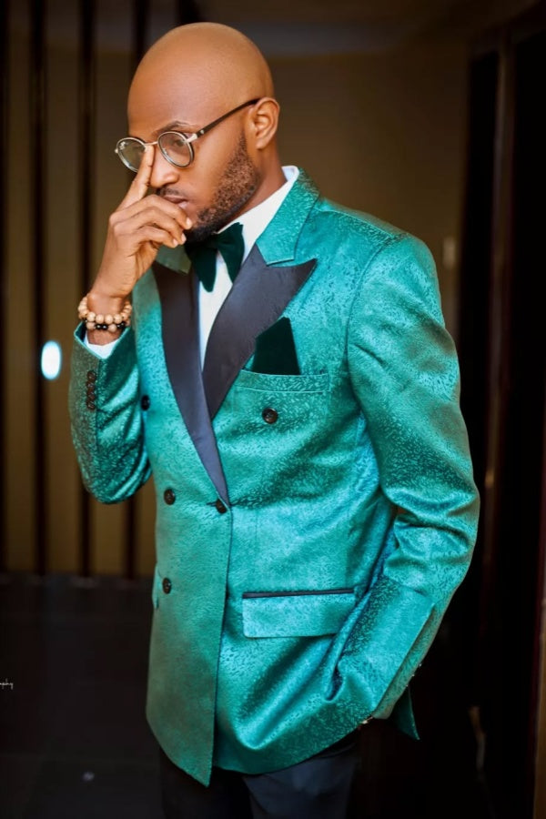 Trendy Green Double Breasted Peaked Lapel Wedding Groomsmen Suits