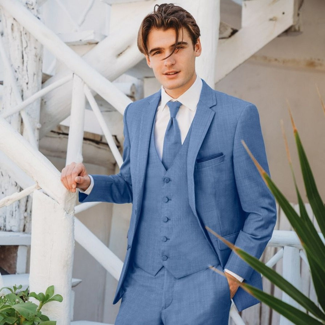 Bespoke Blue Notched Lapel 3 pieces Wedding Groomsmen Suits