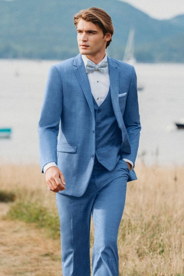 Bespoke Blue Notched Lapel 3 pieces Wedding Groomsmen Suits