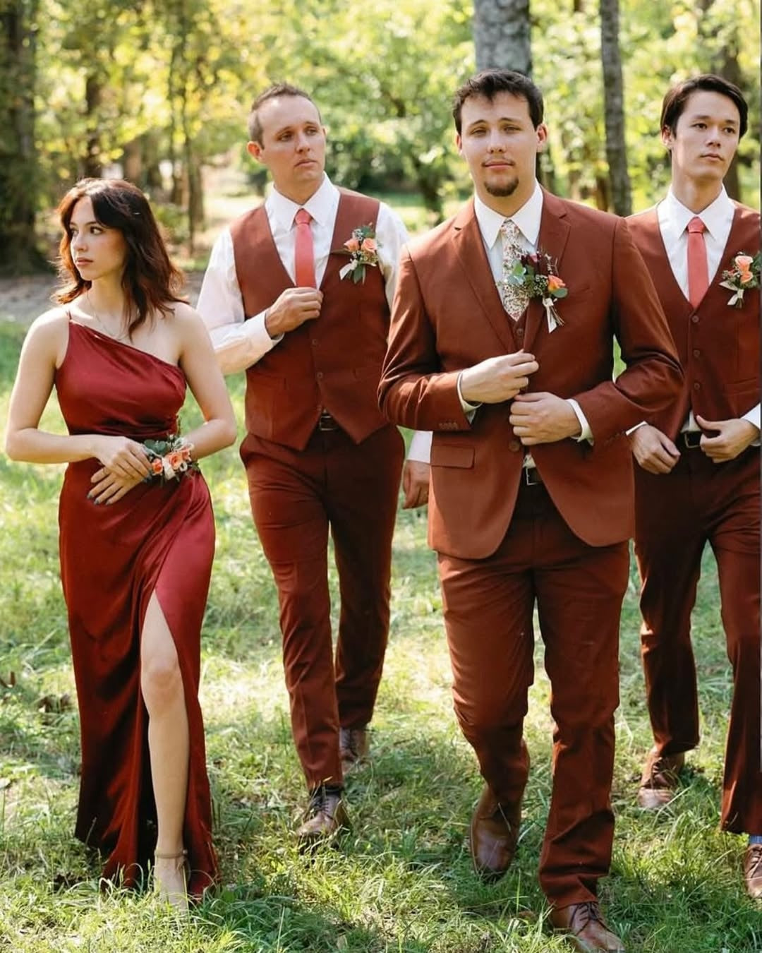 Stylish Rust Red Notched Lapel Wedding Groomsmen Suits