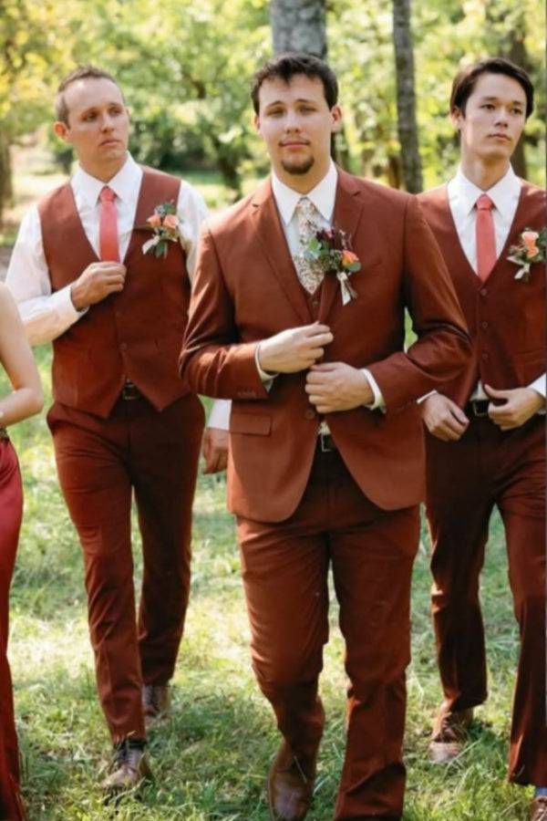 Stylish Rust Red Notched Lapel Wedding Groomsmen Suits