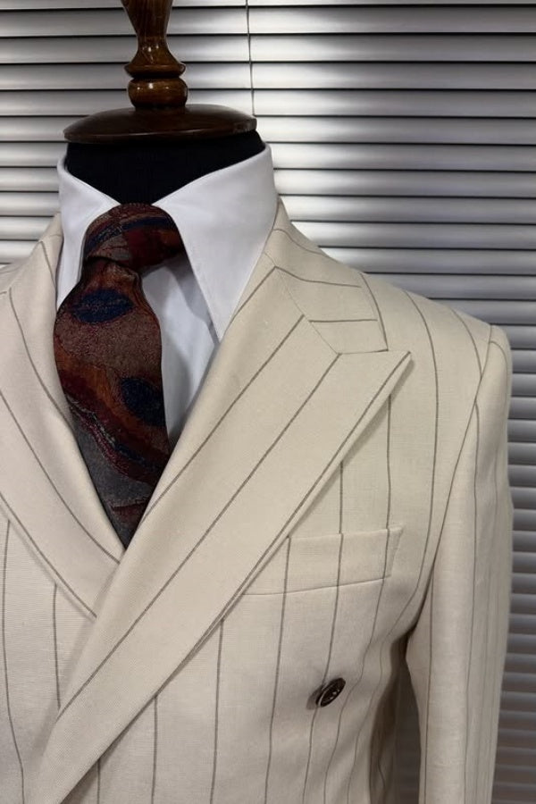 Modern Off-White Chic Pinstriped Peaked Lapel Business Suits