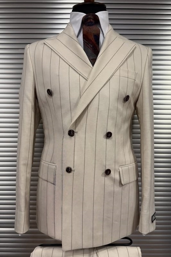 Modern Off-White Chic Pinstriped Peaked Lapel Business Suits