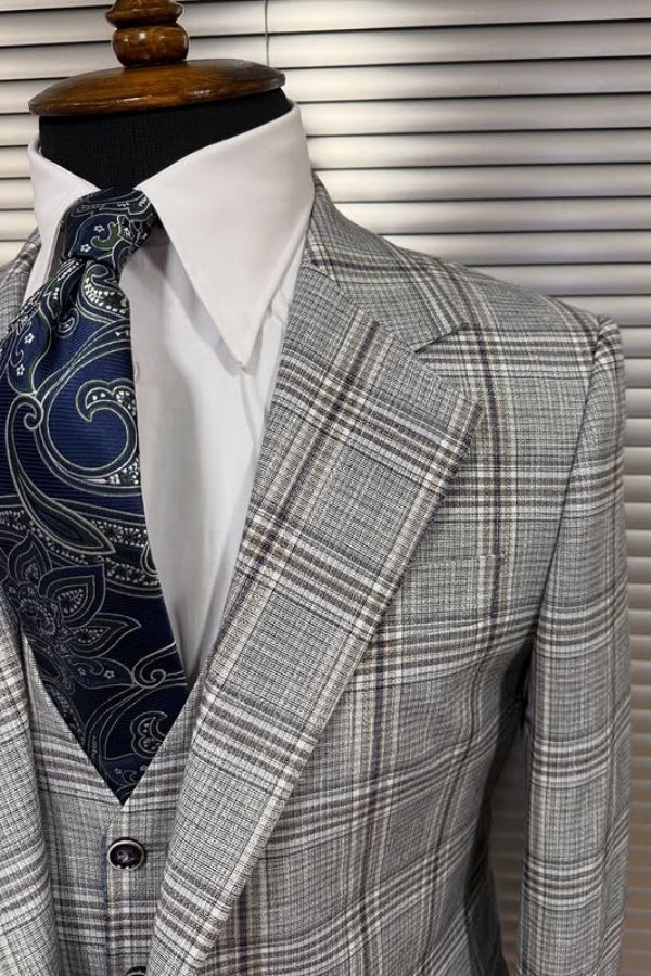 Stylish Gray Plaid Newest Men's Business Suits