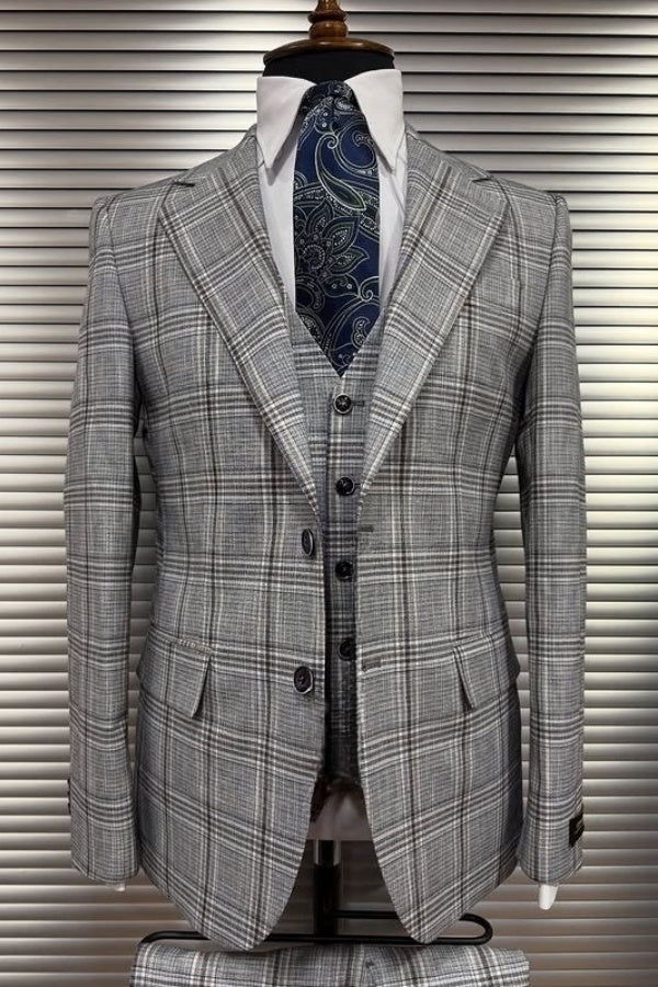 Stylish Gray Plaid Newest Men's Business Suits