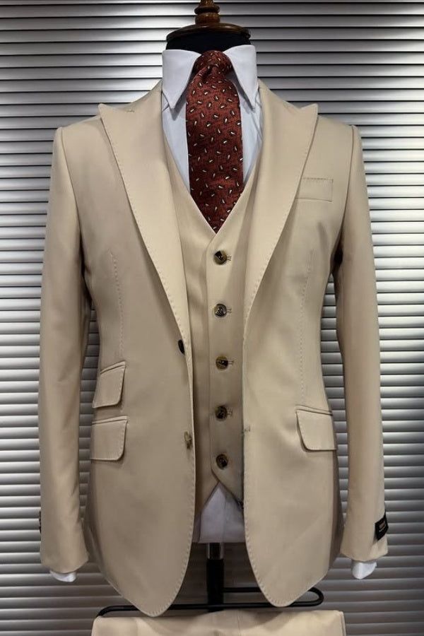 Light Khaki Newest Peaked Lapel 3 Pieces Business Men Suits