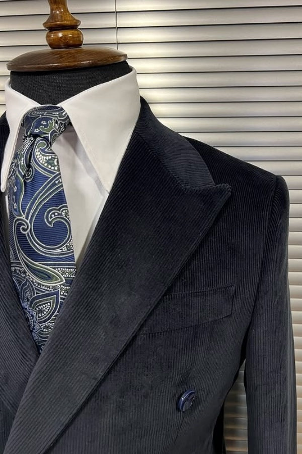 Modern Black Corduroy Peaked Lapel Slim Fit Business Men Suits