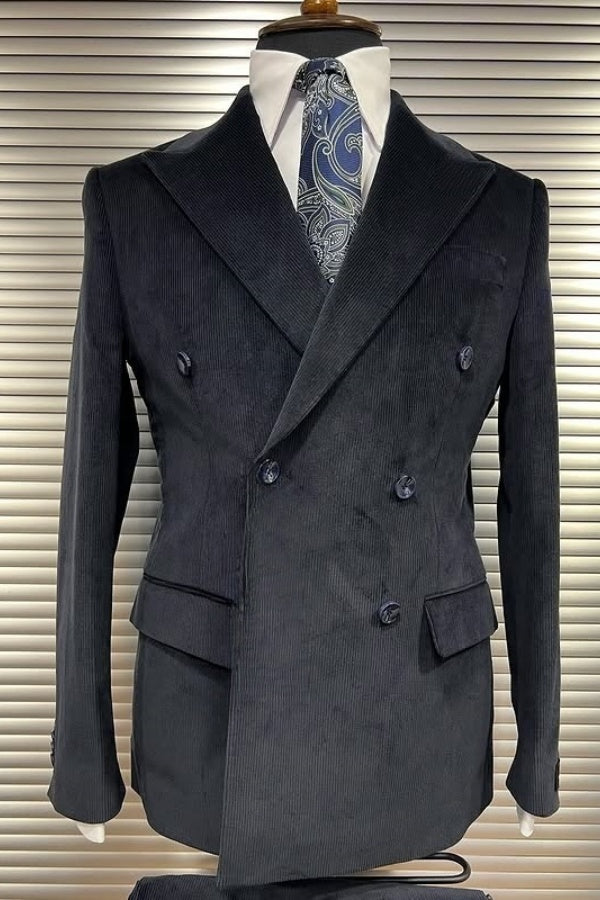 Modern Black Corduroy Peaked Lapel Slim Fit Business Men Suits
