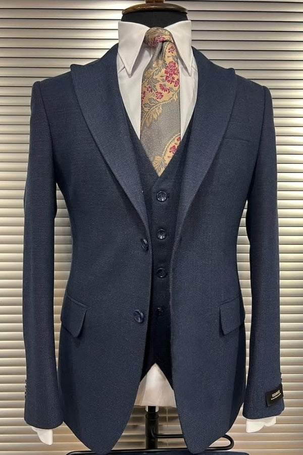 Fashion Dark Blue Peaked Lapel 3 Pieces Business Men Suits