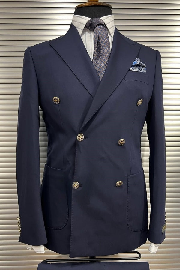 Newest Dark Blue Peaked Lapel Business Suits For Men