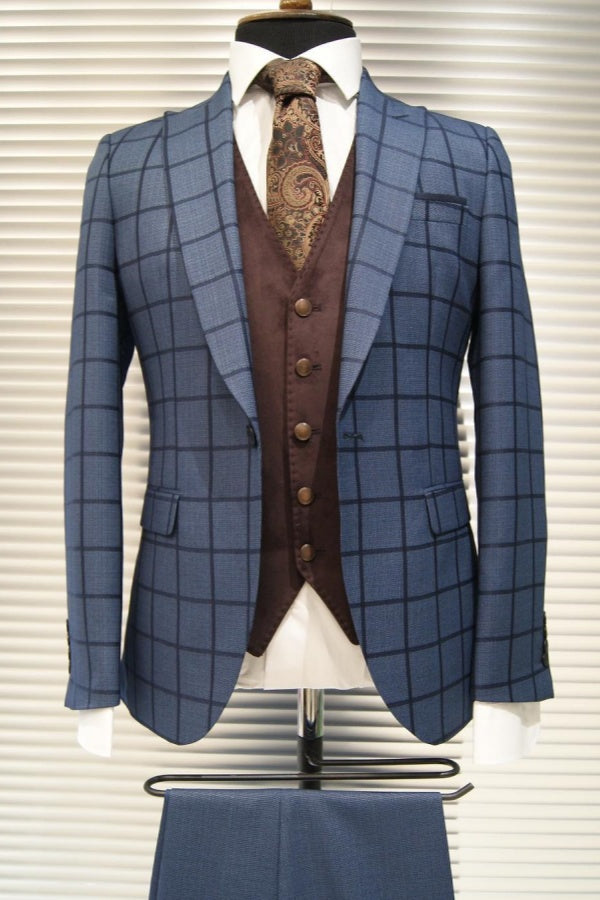 Fancy Blue Plaid Peaked Lapel Business Suits For Men With Brown Waistcoat