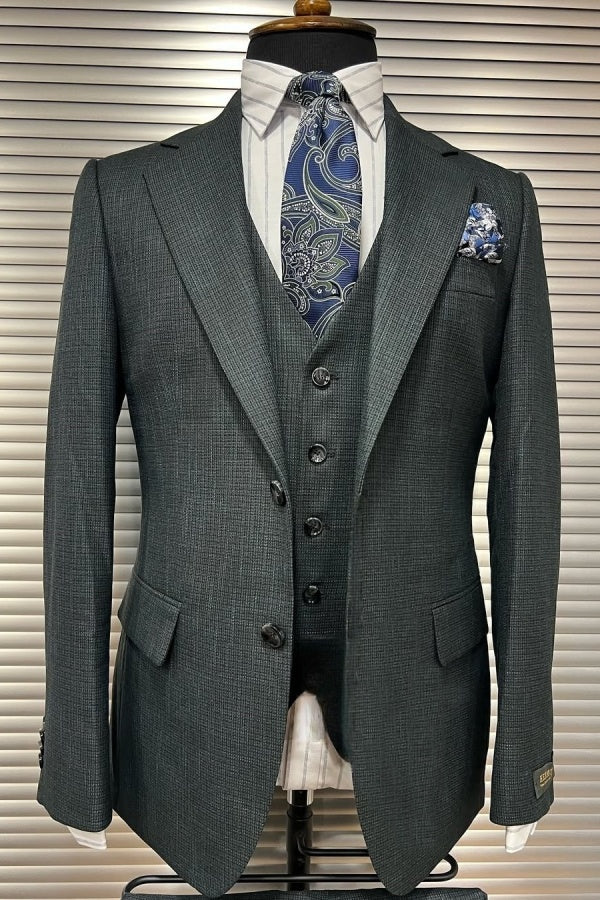 New Arrival Gray Plaid 3 Pieces Peaked Lapel Formal Business Men Suits