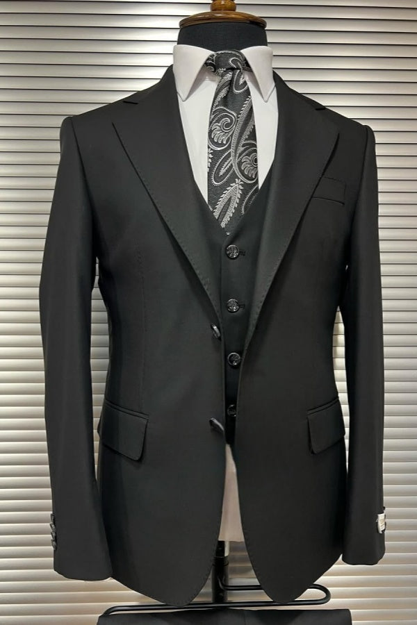 Classical Black Notched Lapel Business Men Suits With Waistcoat