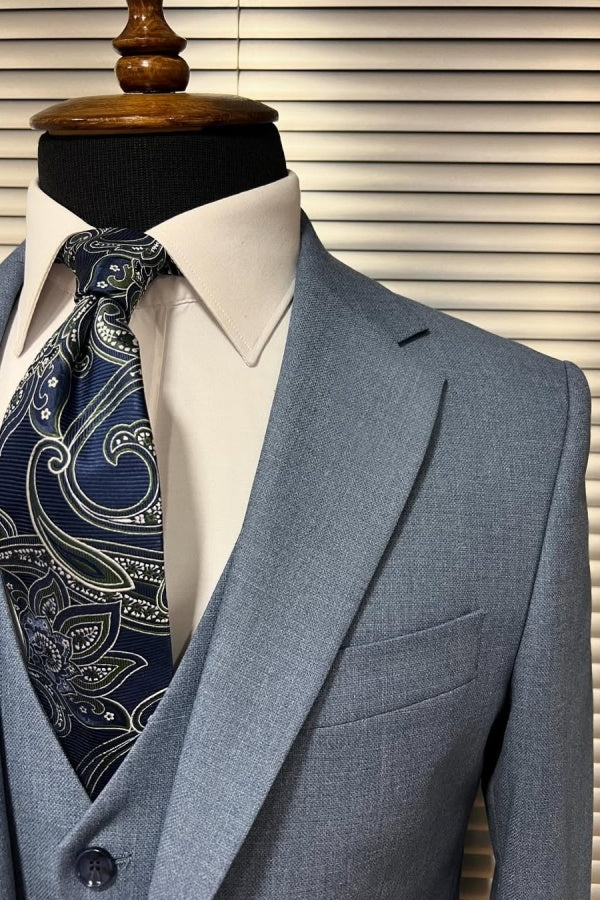 Formal 3 Pieces Light Blue Notched Lapel Business Men Suits