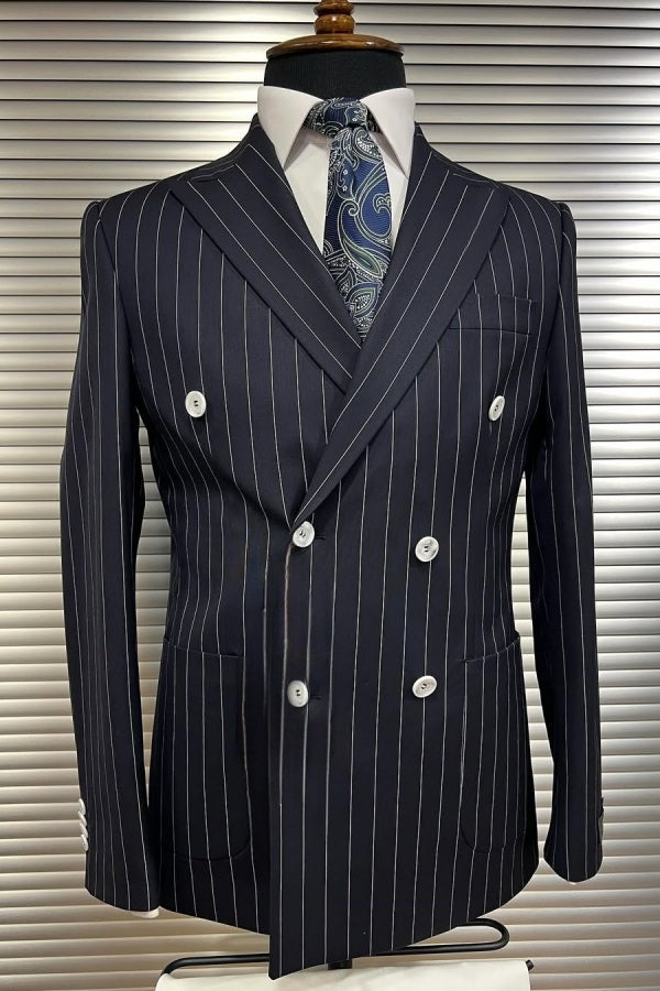 Fancy Dark Blue Striped Peaked Lapel Business Men Suits