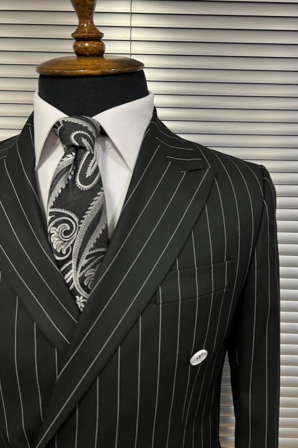 Black Bespoke Striped Double Breasted Peaked Lapel Men's Business Suits