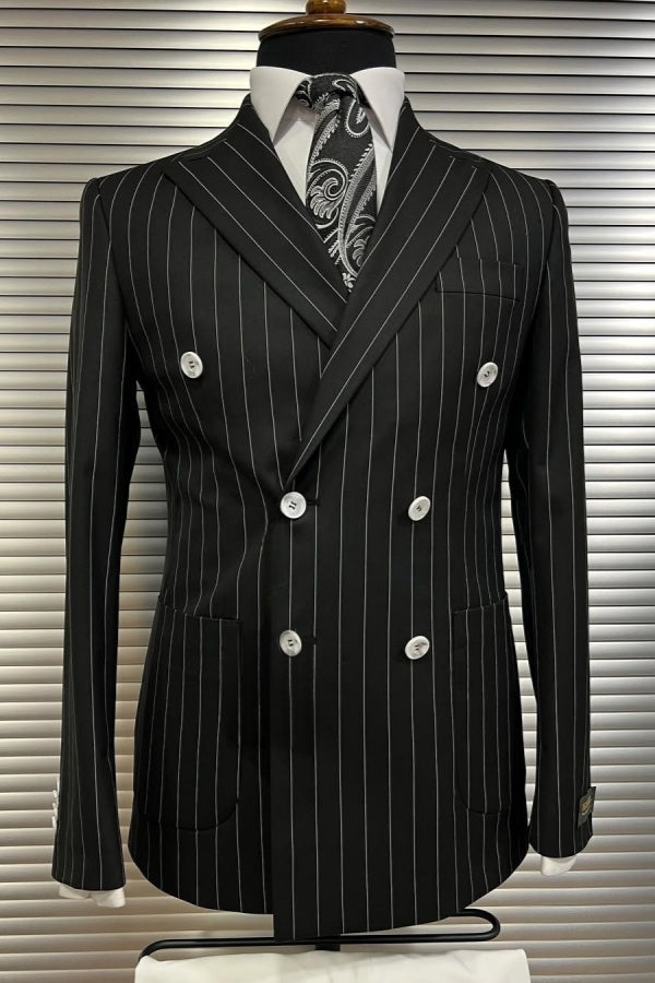 Black Bespoke Striped Double Breasted Peaked Lapel Men's Business Suits