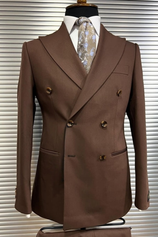 Chic Brown Double Breasted Peaked Lapel Business Men Suits