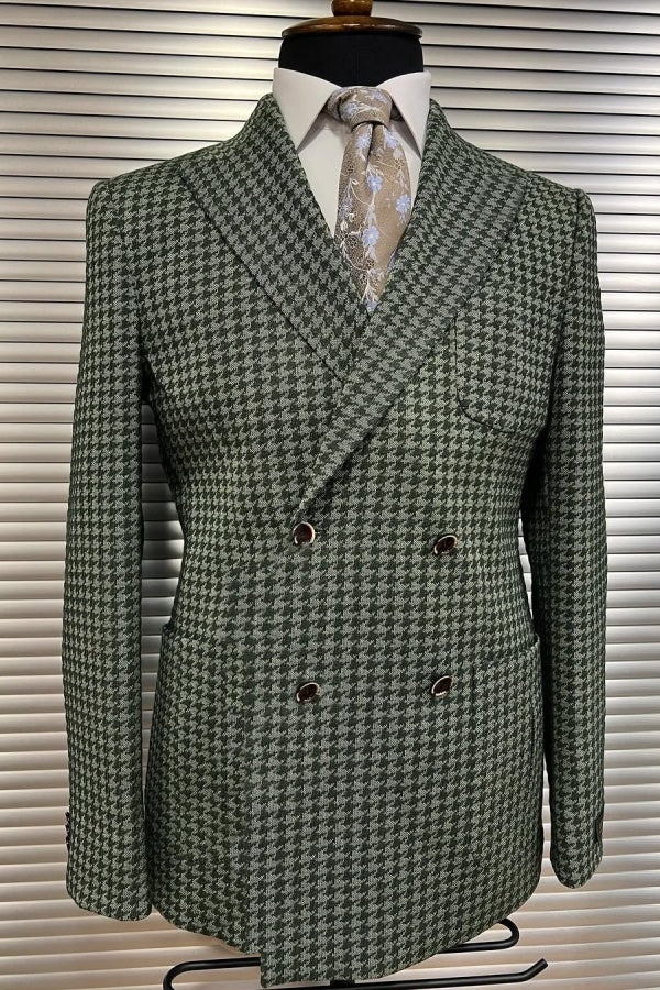 Newest Dark Gray Houndstooth Double Breasted Peaked Lapel Business Suits