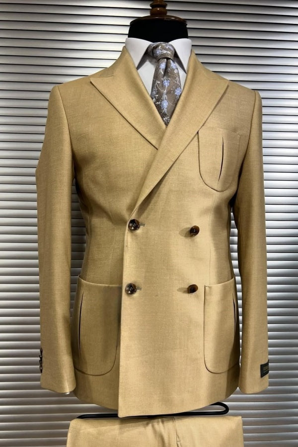 Modern Khaki Double Breasted Peaked Lapel Business Suits