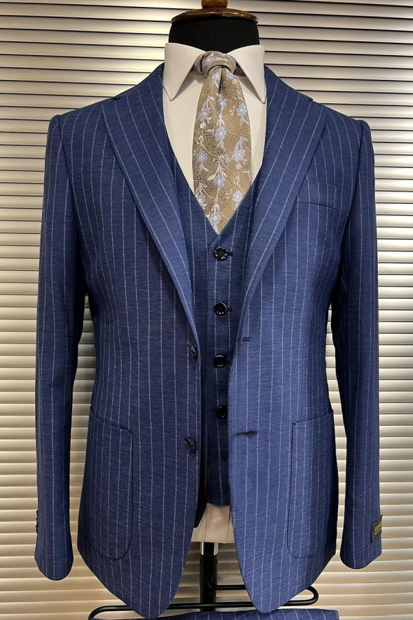 Formal Dark Blue Striped Peaked Lapel Business Suits