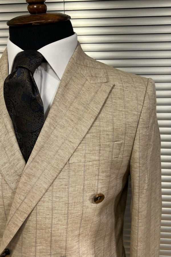 New Arrival Light Beige Striped Peaked Lapel Business Suits