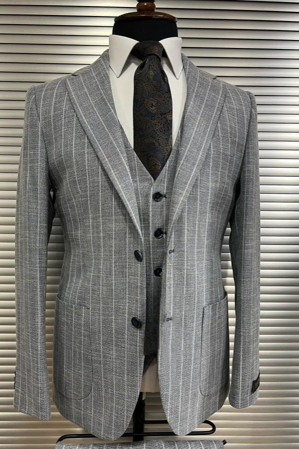 Modern Gray Striped Peaked Lapel Business Suits