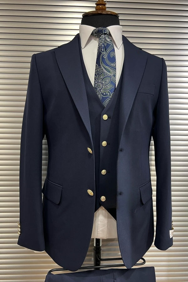 Fashion Navy 3 Pieces Peaked Lapel Business Suits