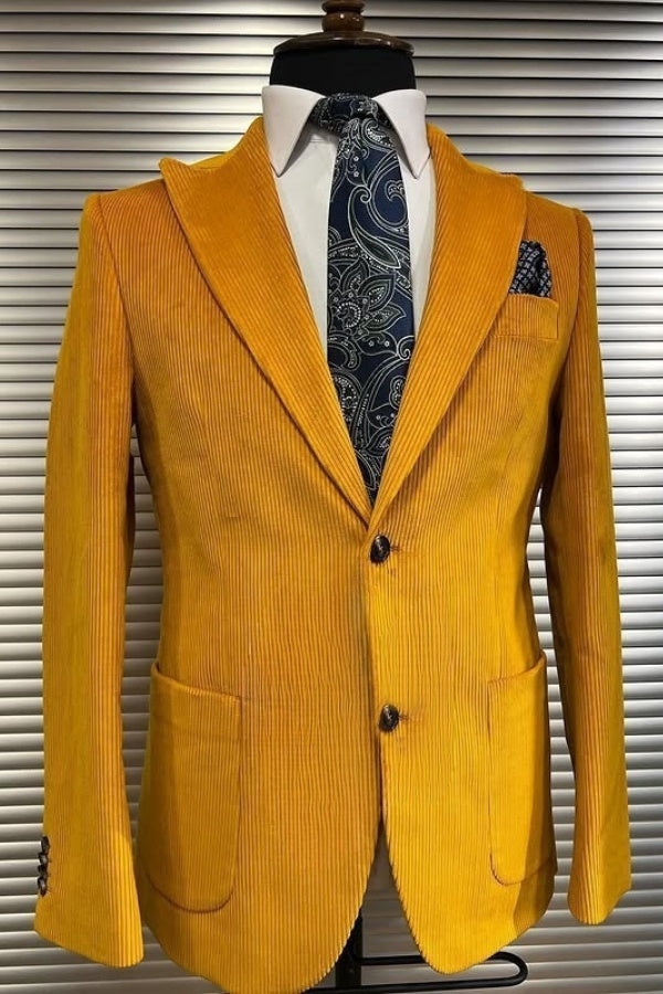 Handsome Ginger Yellow Corduroy Peaked Lapel Business Suits
