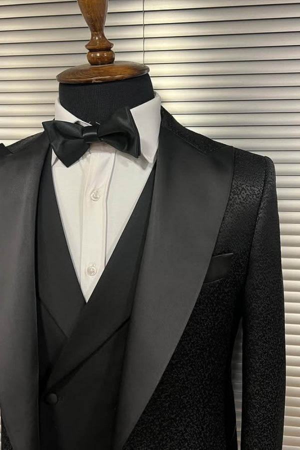 Black Jacquard Newest 3 Pieces Peaked Lapel Business Suits