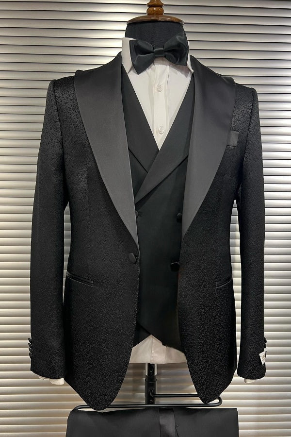 Black Jacquard Newest 3 Pieces Peaked Lapel Business Suits