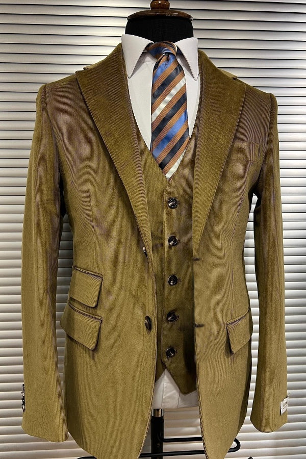 Chic Brown Corduroy 3 Pieces Peaked Lapel Business Suits