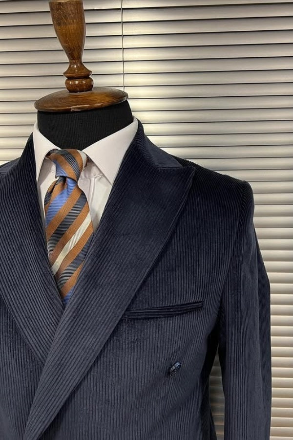 Dark Blue Corduroy Double Breasted Peaked Lapel Business Suits