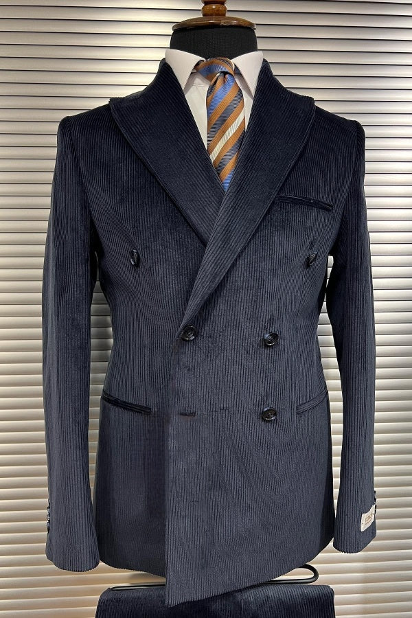 Dark Blue Corduroy Double Breasted Peaked Lapel Business Suits