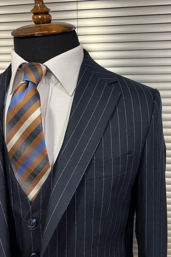 Navy Blue Striped 3 Pieces Fashion Peaked Lapel Business Men Suits