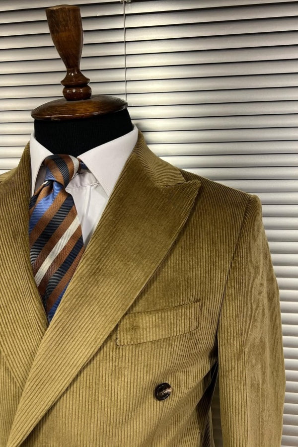 Stylish Light Tan Yellow Corduroy Peaked Lapel Business Men Suits