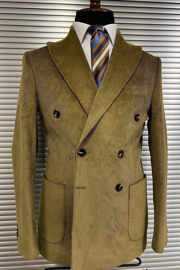 Stylish Light Tan Yellow Corduroy Peaked Lapel Business Men Suits