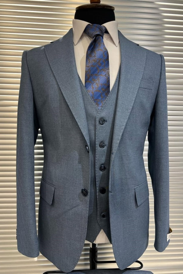 Stylish Blue 3 Pieces Peaked Lapel Business Suits