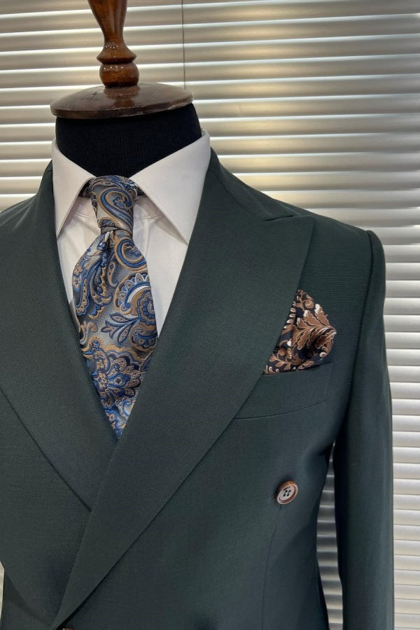 Chic Dark Green Peaked Lapel Business Men Suits