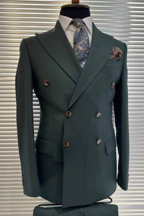 Chic Dark Green Peaked Lapel Business Men Suits