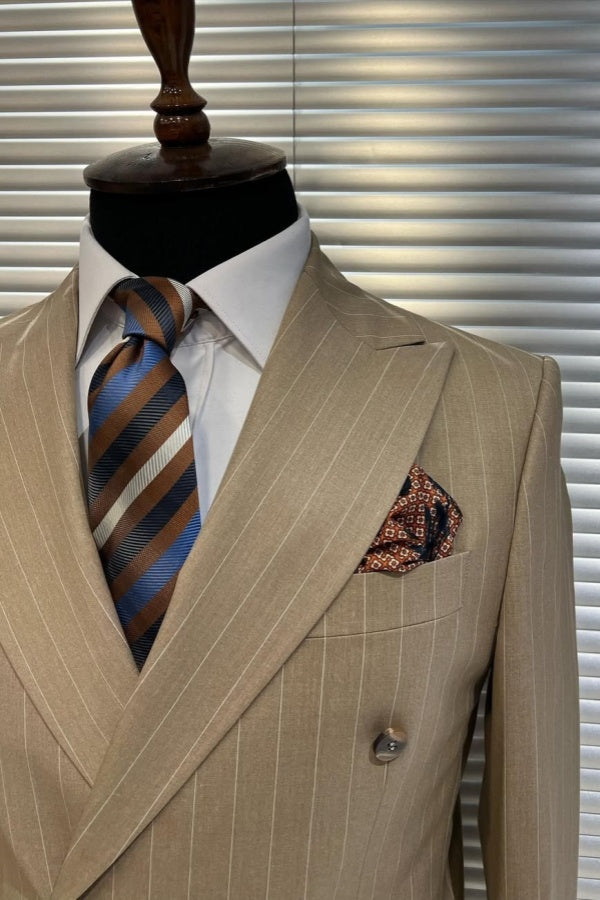 Formal Light Brown Striped Double Breasted Peaked Lapel Business Suits