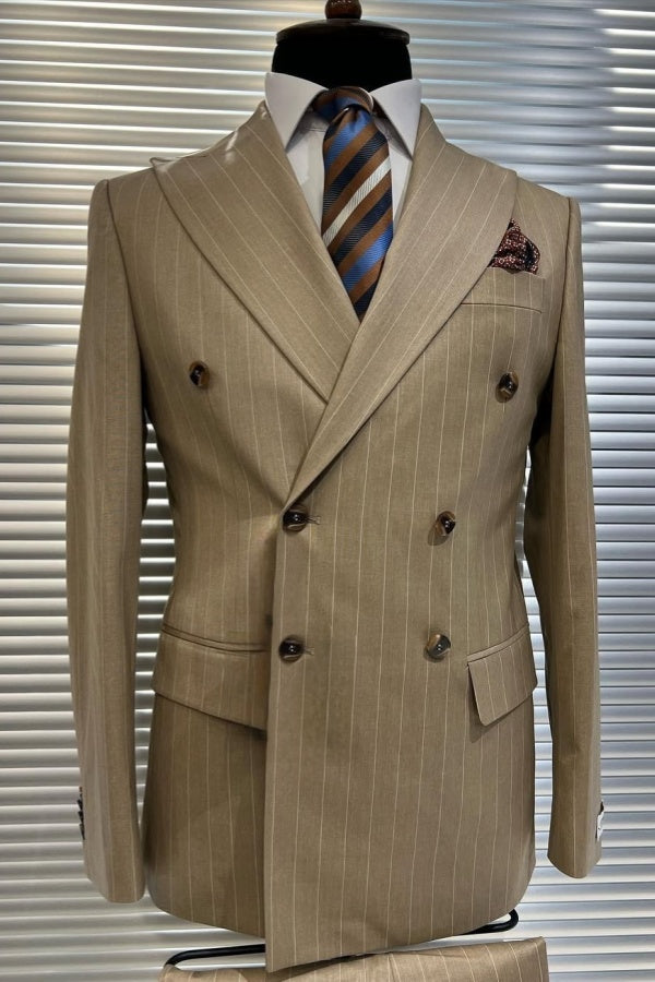 Formal Light Brown Striped Double Breasted Peaked Lapel Business Suits