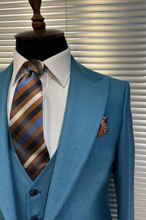 Chic Blue 3 Pieces Peaked Lapel Best Fitted Business Suits
