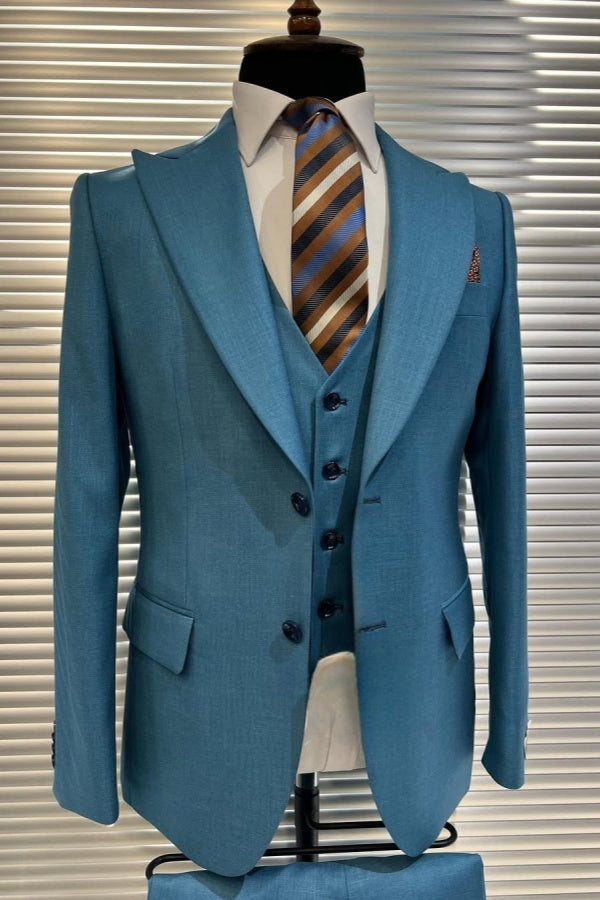 Chic Blue 3 Pieces Peaked Lapel Best Fitted Business Suits